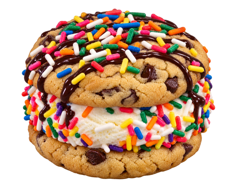 Illustrative ice cream sandwich between chocolate chip cookies
