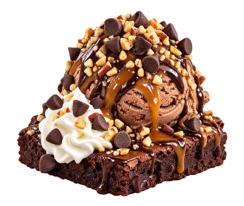 Illustrative brownie dessert topped with ice cream and chocolate