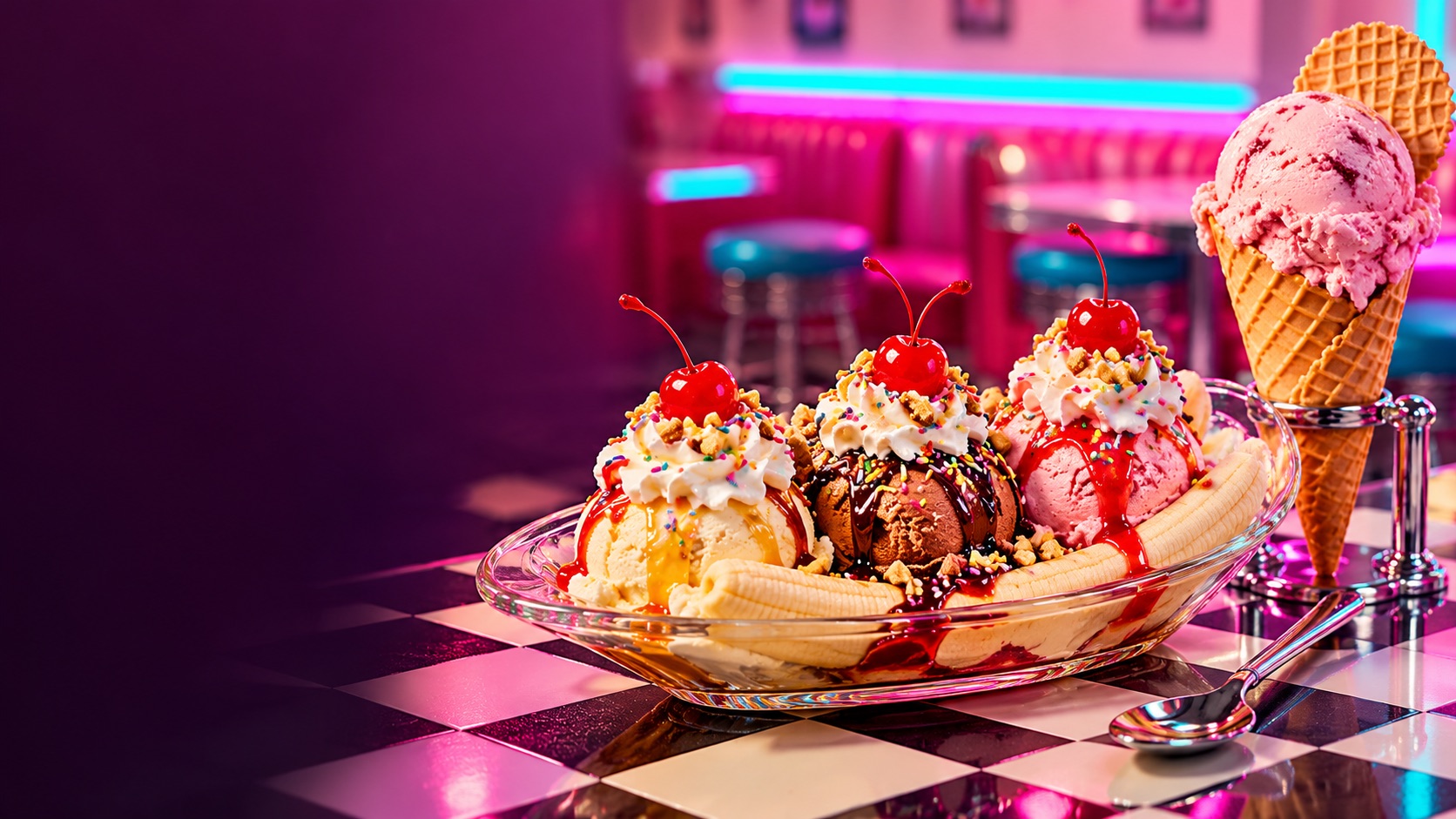 Concept image of a colourful banana split and an ice cream cone in a neon-lit diner