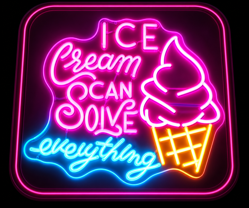 Concept neon sign reading Ice Cream Can Solve Everything