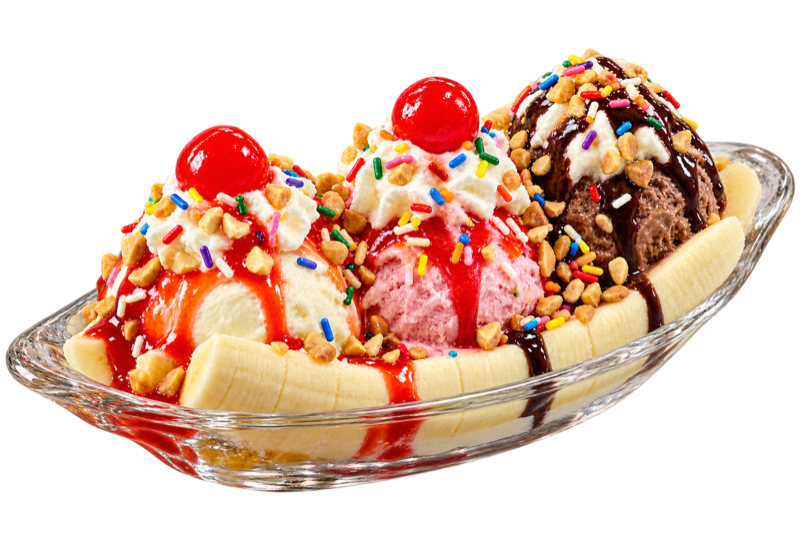 Illustrative banana split with three scoops and toppings