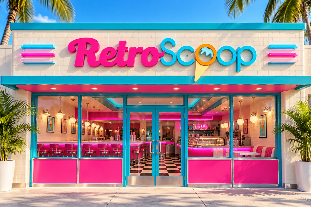 Generated concept of a colourful Retro Scoop-style storefront; not a photograph of an actual branch