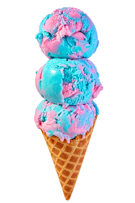 Concept image of a three-scoop pink and blue ice cream cone